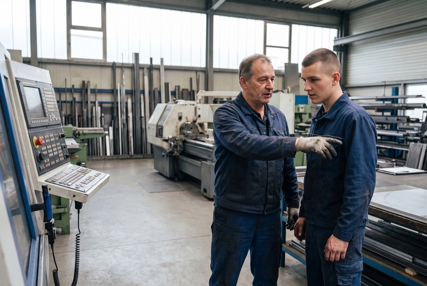 Ein erfahrener Facharbeiter erklärt einem jungen Kollegen die Steuerung einer Werkzeugmaschine, beide in blauer Arbeitskleidung in einer Werkhalle