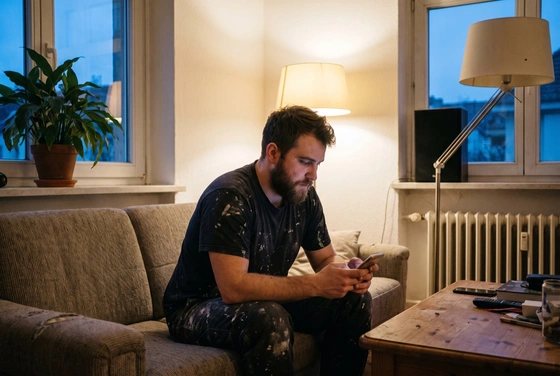 Ein Handwerker sitzt nach Feierabend entspannt auf dem Sofa und schaut auf sein Smartphone