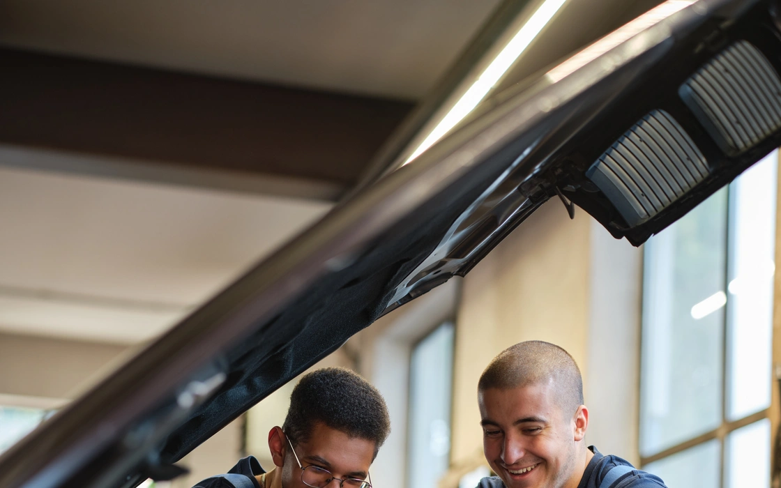 Zwei Mechaniker unter der geöffneten Motorhaube