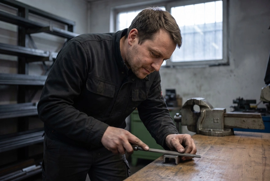 Ein Metallarbeiter entgratet an der Werkbank ein Stahlteil mit einer Feile, im Hintergrund ein Schraubstock und Materialregale