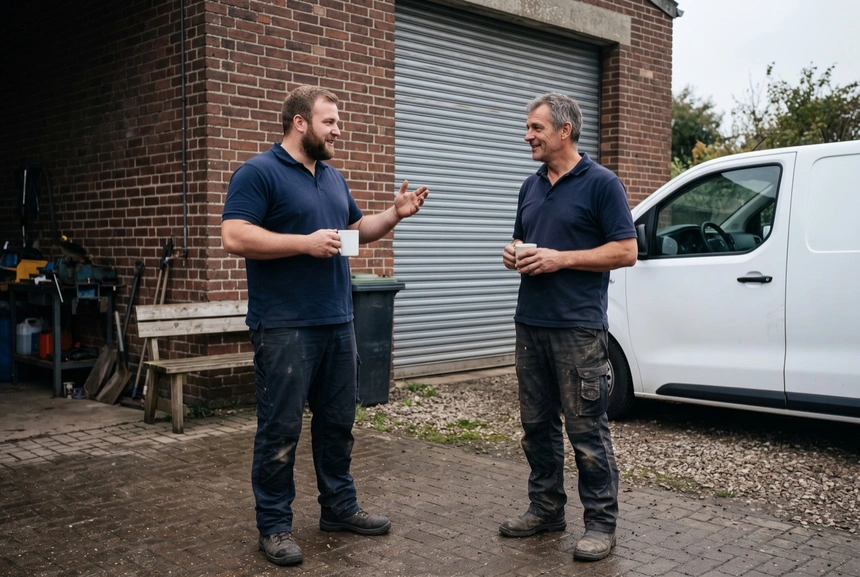 Zwei Handwerker stehen mit Kaffeetassen vor einer Werkstatt und unterhalten sich, einer erzählt und gestikuliert